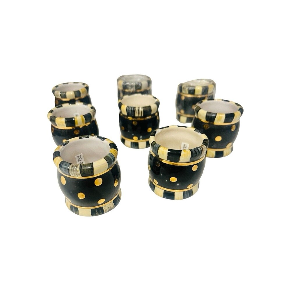 MacKenzie-Childs Black Tie Courtly Stripe Ceramic Napkin Rings Gold Dot Set Of 8